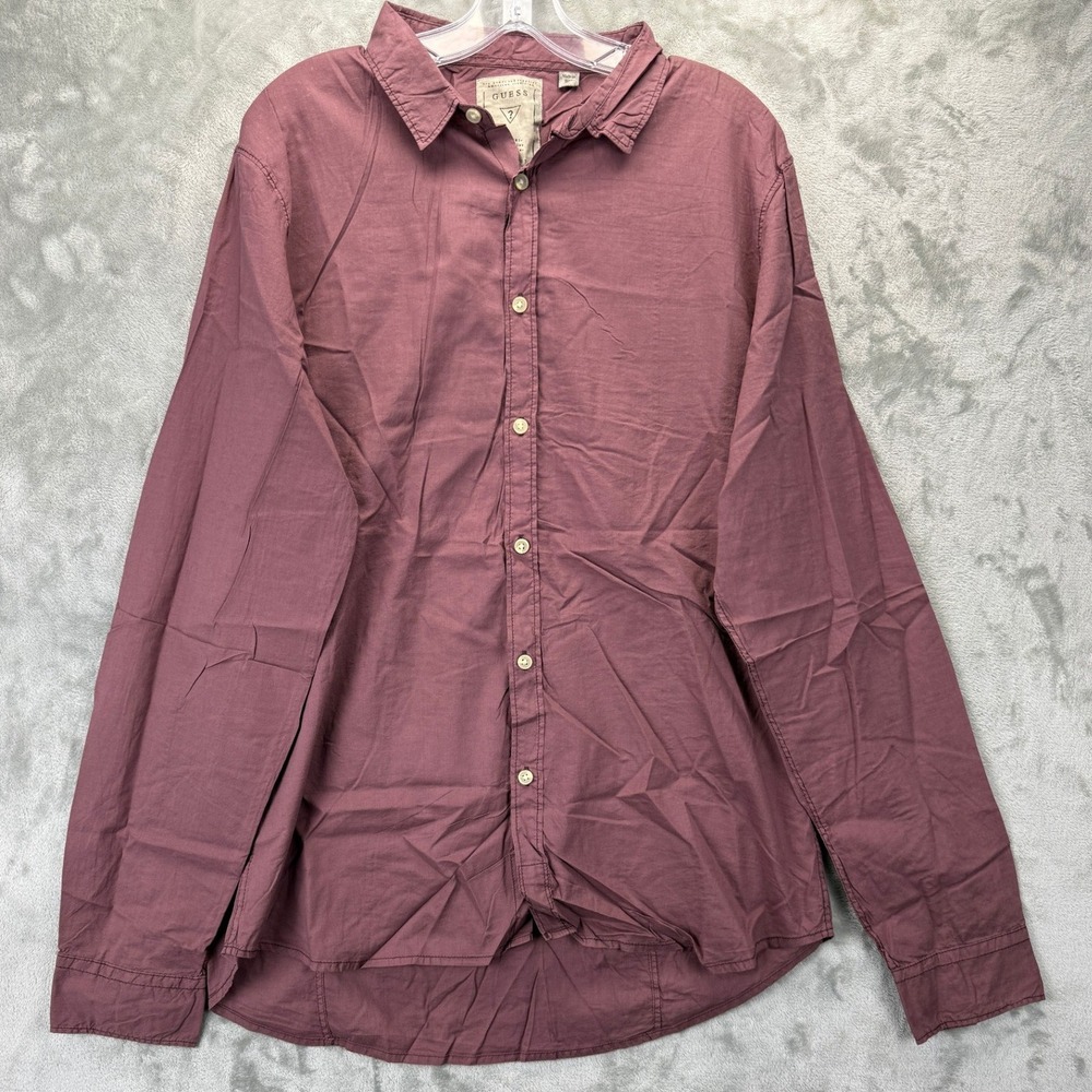 Guess Mens XL Button Down Shirt Red Baron Maroon Long Sleeve NEW